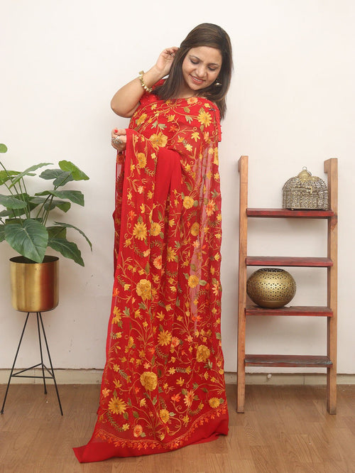 Red Embroidered Kashmiri Aari Work Georgette Saree - Luxurion World