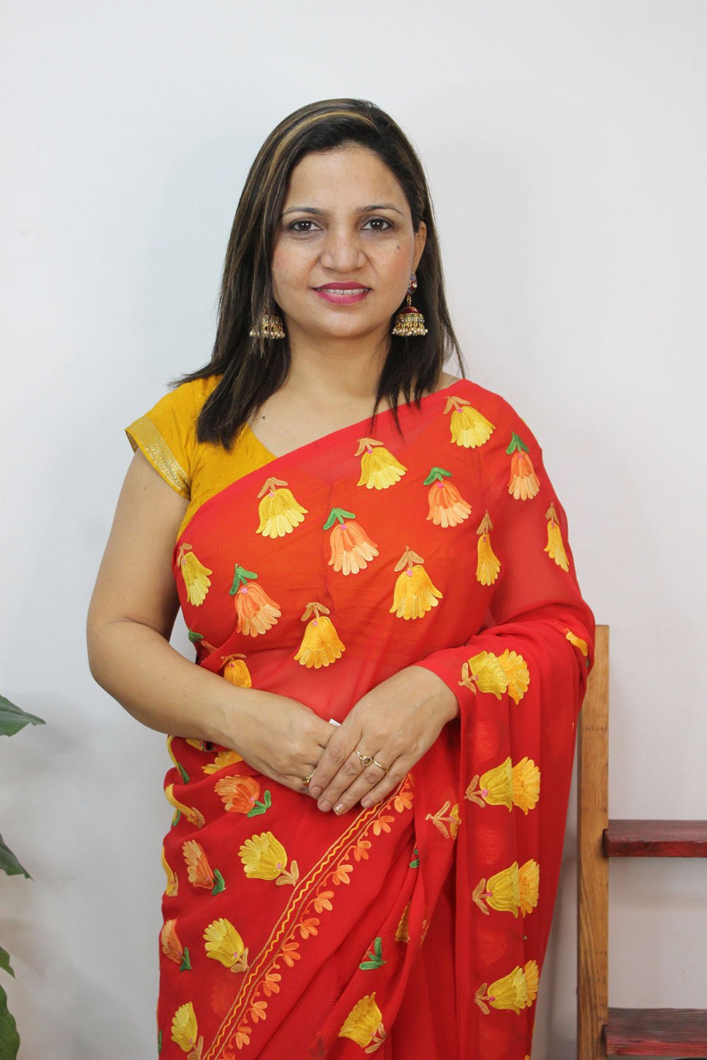 Red Embroidered Kashmiri Aari Work Georgette Saree - Luxurion World