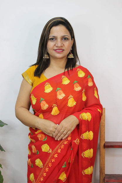Red Embroidered Kashmiri Aari Work Georgette Saree - Luxurion World