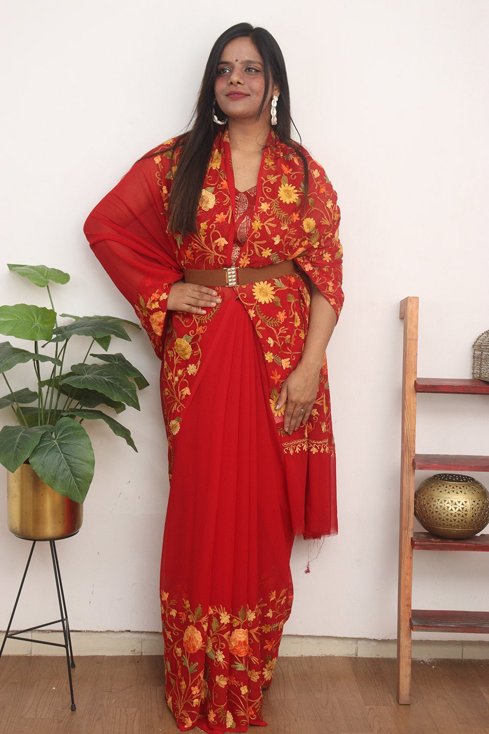 Red Embroidered Kashmiri Aari Work Georgette Saree - Luxurion World