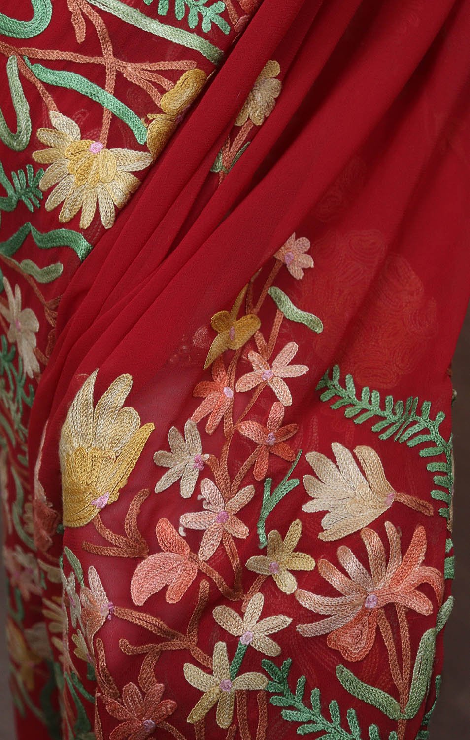 Red Embroidered Kashmiri Aari Work Georgette Saree - Luxurion World