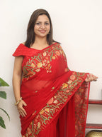 Red Embroidered Kashmiri Aari Work Georgette Saree - Luxurion World