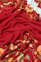 Red Embroidered Kashmiri Aari Work Georgette Saree - Luxurion World