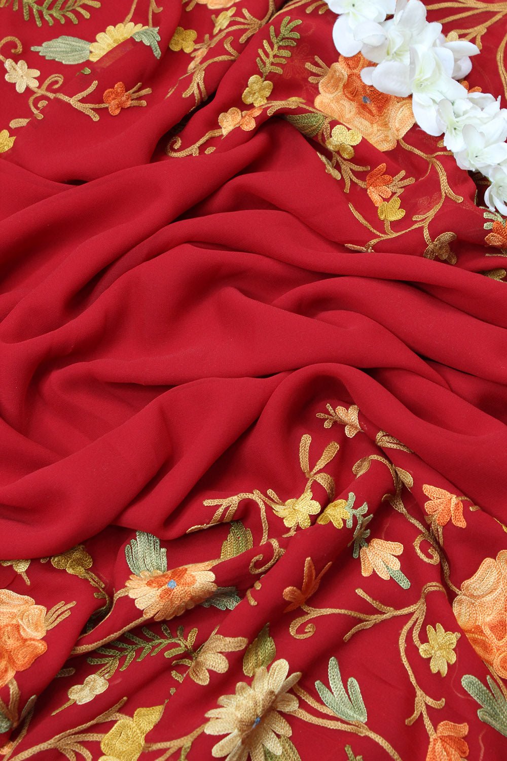 Red Embroidered Kashmiri Aari Work Georgette Saree - Luxurion World