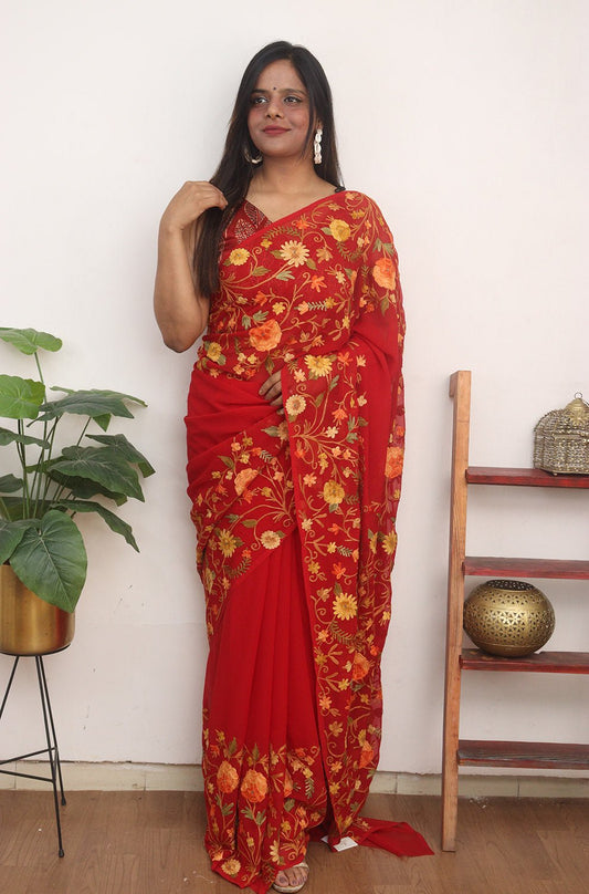 Red Embroidered Kashmiri Aari Work Georgette Saree - Luxurion World