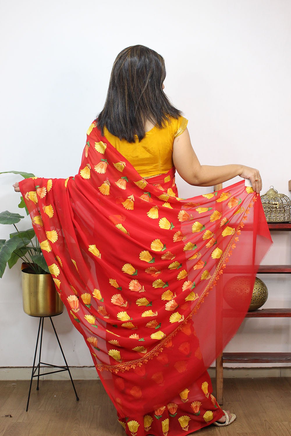 Red Embroidered Kashmiri Aari Work Georgette Saree - Luxurion World