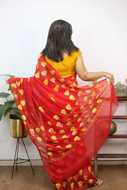Red Embroidered Kashmiri Aari Work Georgette Saree - Luxurion World