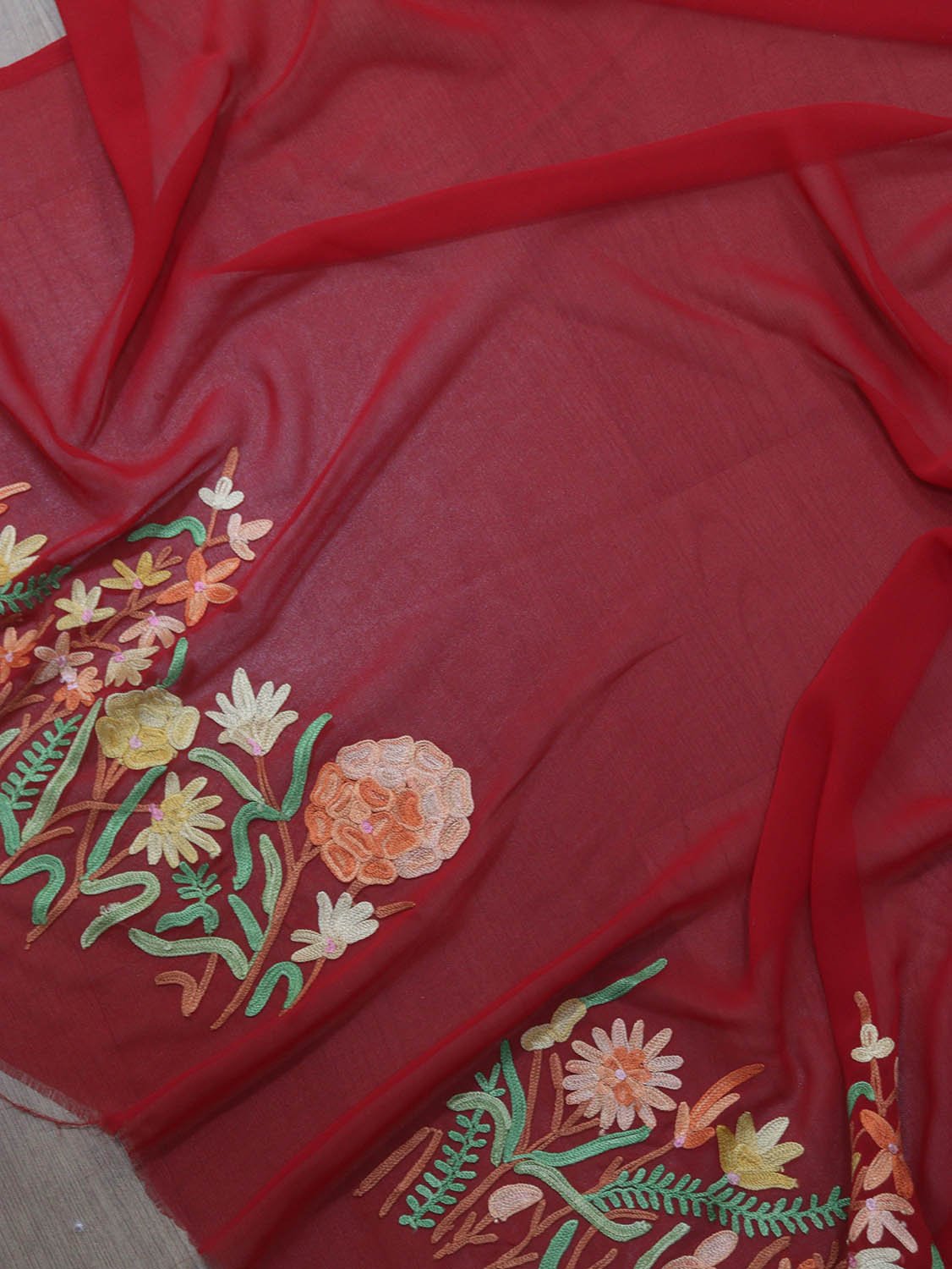 Red Embroidered Kashmiri Aari Work Georgette Saree - Luxurion World