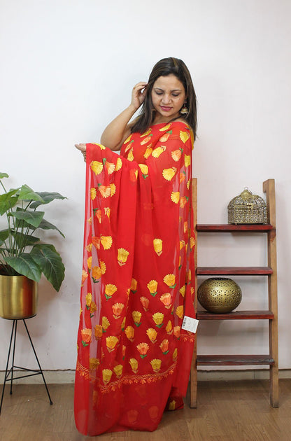 Red Embroidered Kashmiri Aari Work Georgette Saree - Luxurion World