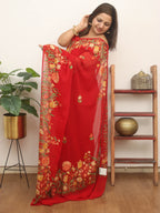 Red Embroidered Kashmiri Aari Work Georgette Saree - Luxurion World
