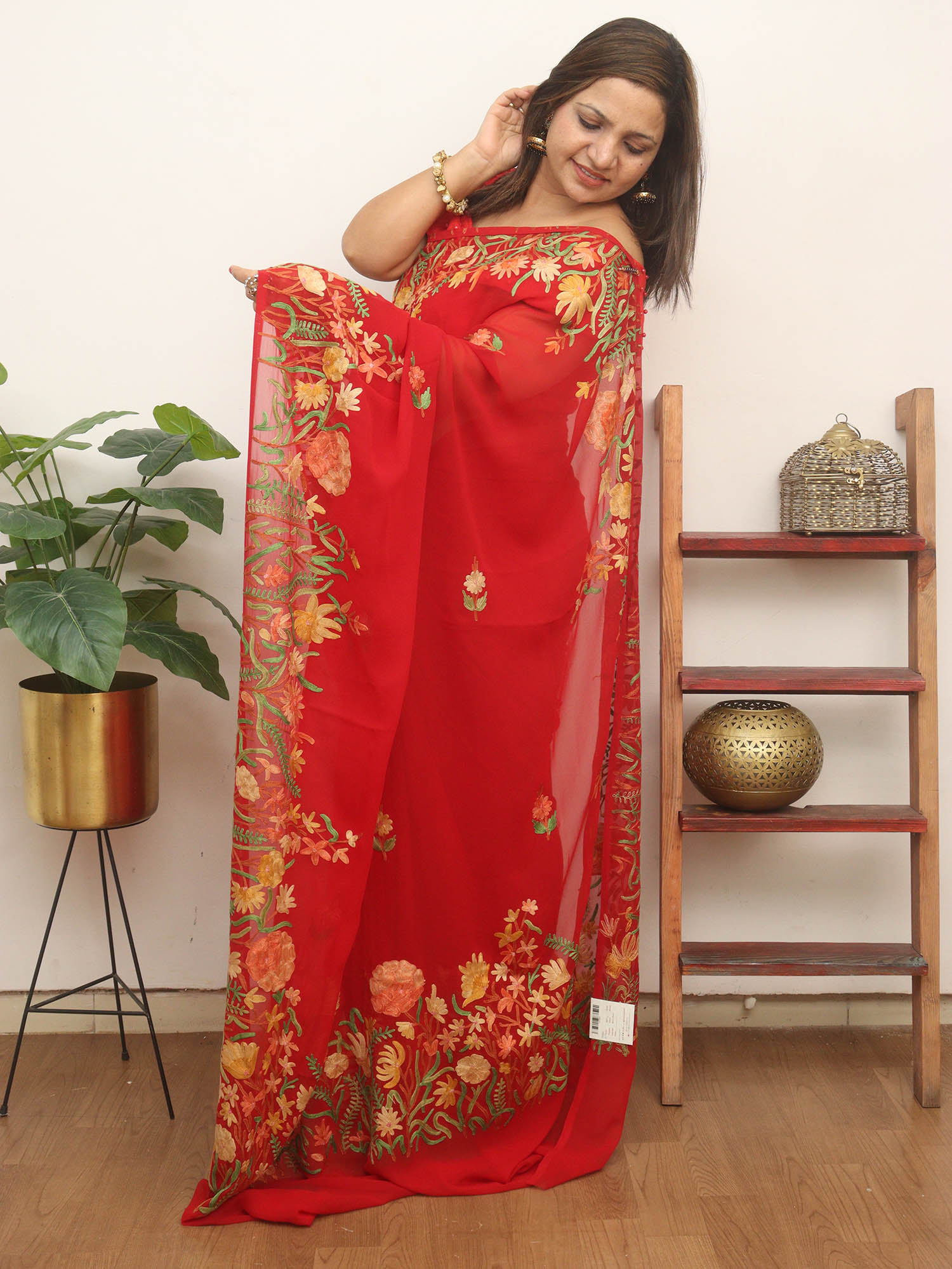 Red Embroidered Kashmiri Aari Work Georgette Saree - Luxurion World