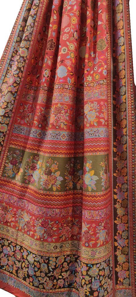 Red Embroidered Kashmiri Kani Work Pure Silk Saree - Luxurion World
