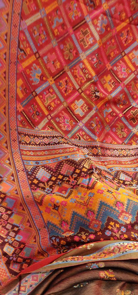 Red Embroidered Kashmiri Kani Work Pure Silk Saree - Luxurion World