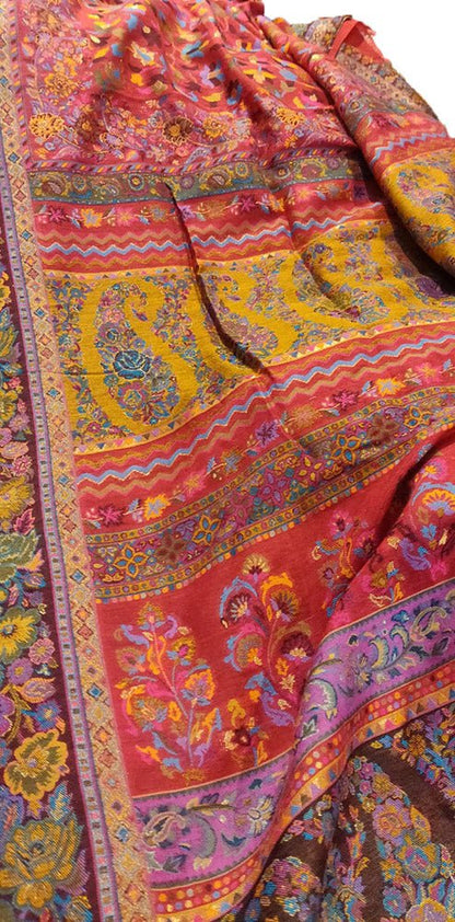 Red Embroidered Kashmiri Kani Work Pure Silk Saree - Luxurion World