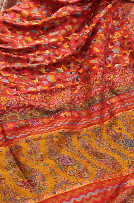 Red Embroidered Kashmiri Kani Work Pure Silk Saree