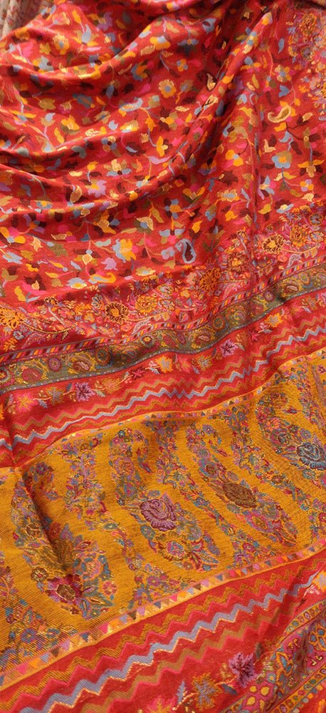 Red Embroidered Kashmiri Kani Work Pure Silk Saree - Luxurion World