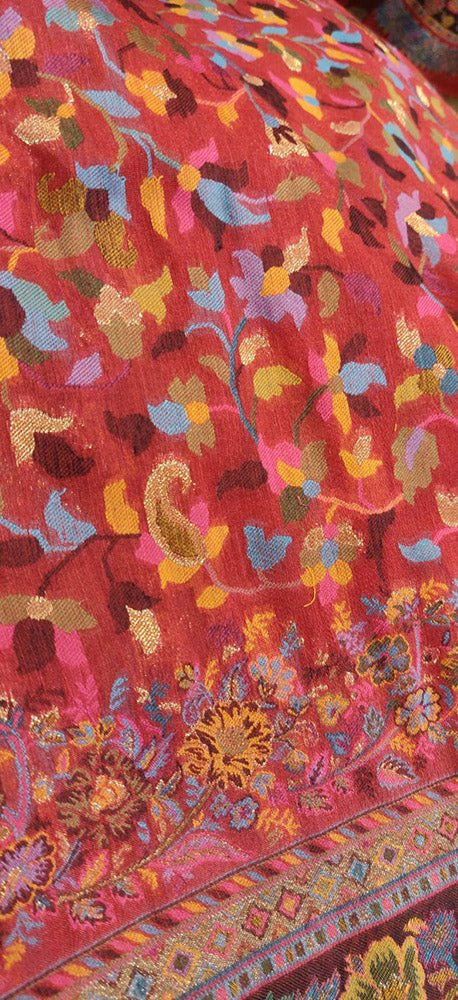 Red Embroidered Kashmiri Kani Work Pure Silk Saree - Luxurion World