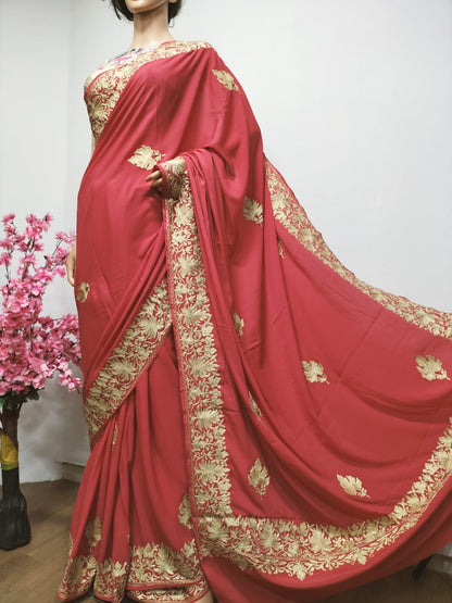 Red Embroidered Kashmiri Tilla Work Crepe Saree - Luxurion World