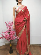 Red Embroidered Kashmiri Tilla Work Crepe Saree - Luxurion World