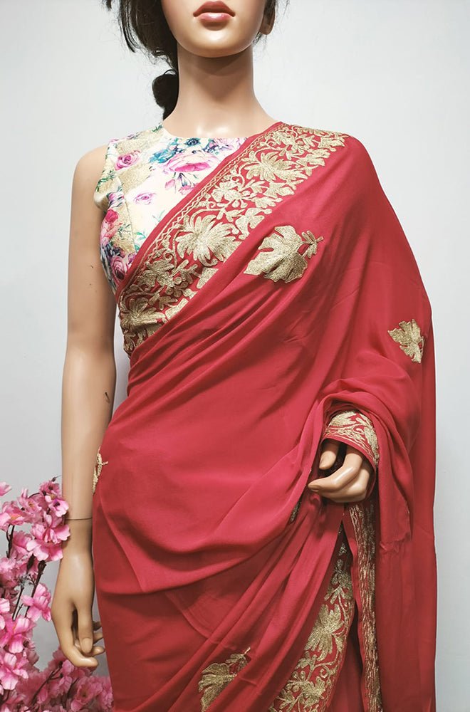 Red Embroidered Kashmiri Tilla Work Crepe Saree - Luxurion World