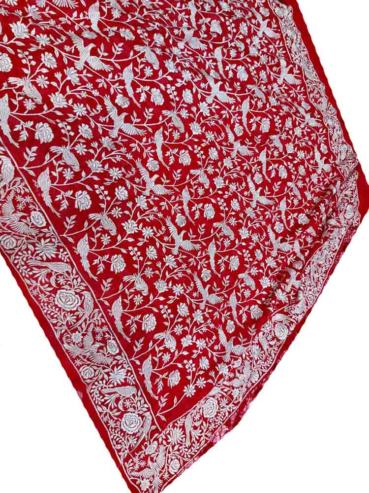 Red Embroidered Parsi Gara Georgette Dupatta - Luxurion World