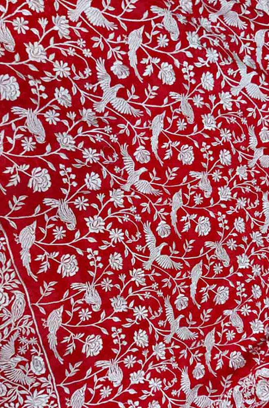 Red Embroidered Parsi Gara Georgette Dupatta - Luxurion World