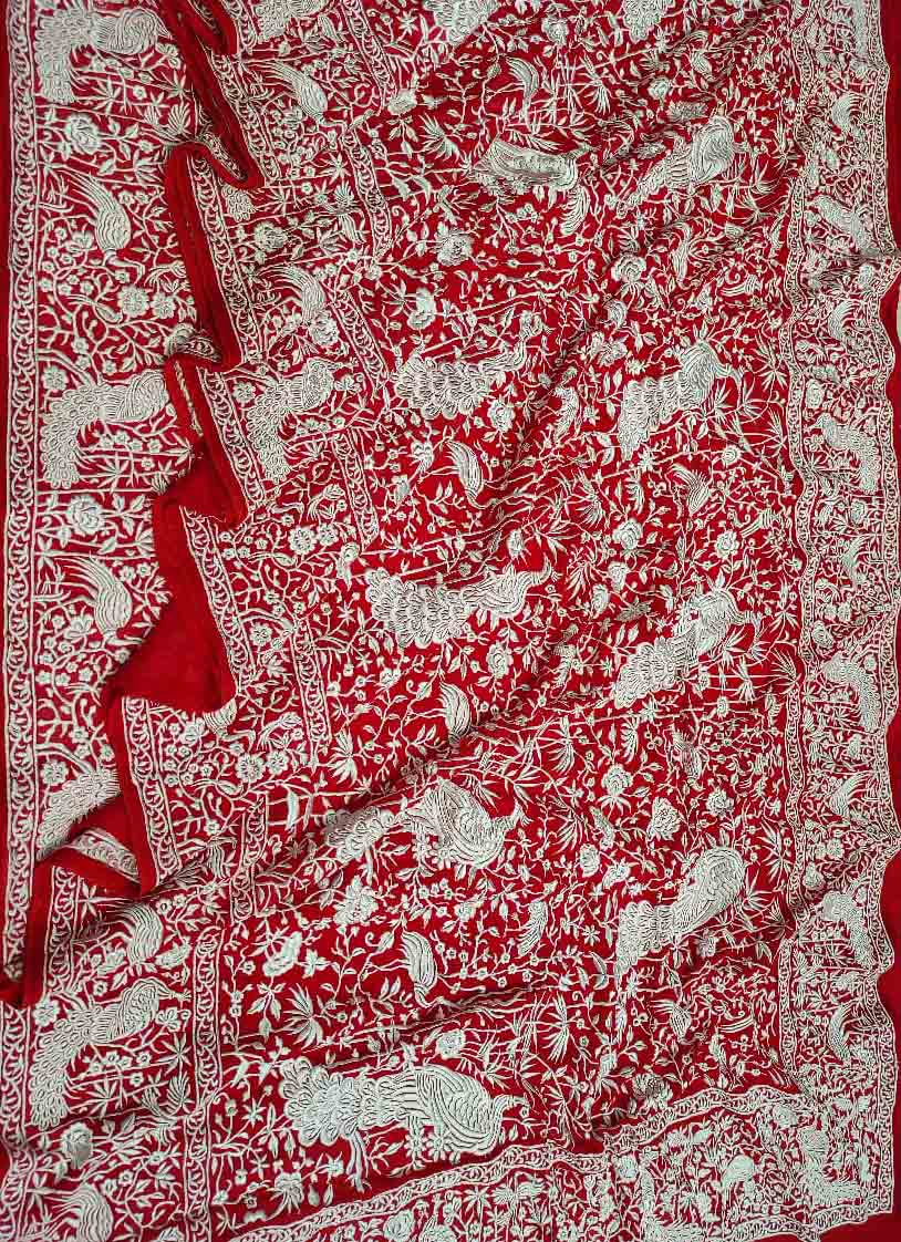 Red Embroidered Parsi Gara Georgette Floral And Bird Design Saree Luxurionworld