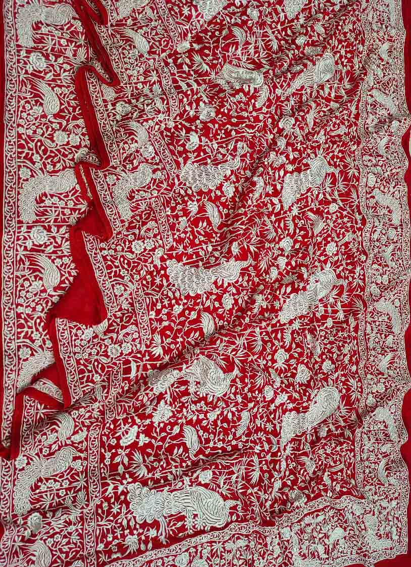 Red Embroidered Parsi Gara Georgette Floral And Bird Design Saree - Luxurion World
