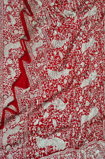 Red Embroidered Parsi Gara Georgette Floral And Bird Design Saree Luxurionworld