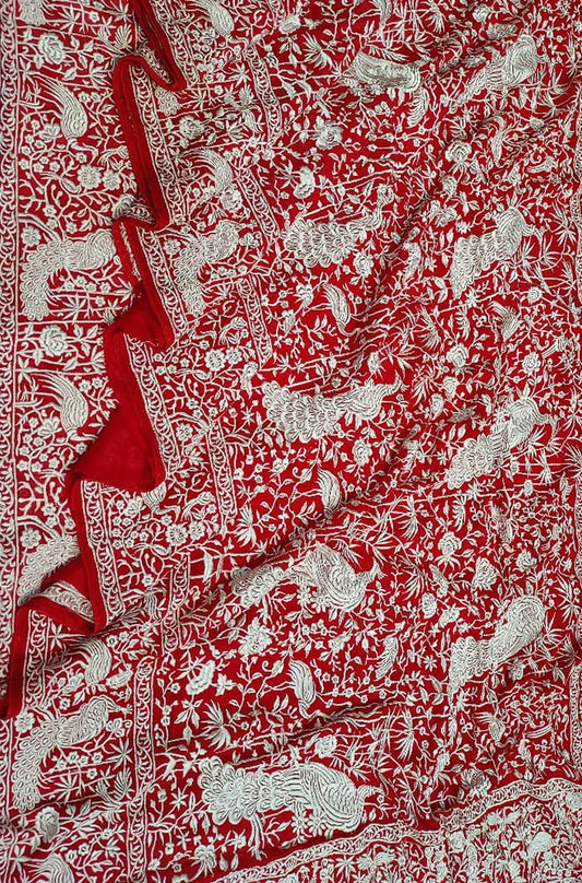 Red Embroidered Parsi Gara Georgette Floral And Bird Design Saree - Luxurion World