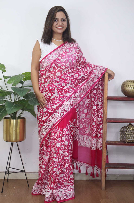 Pink Embroidered Parsi Gara Organza Bird And Floral Design Saree - Luxurion World