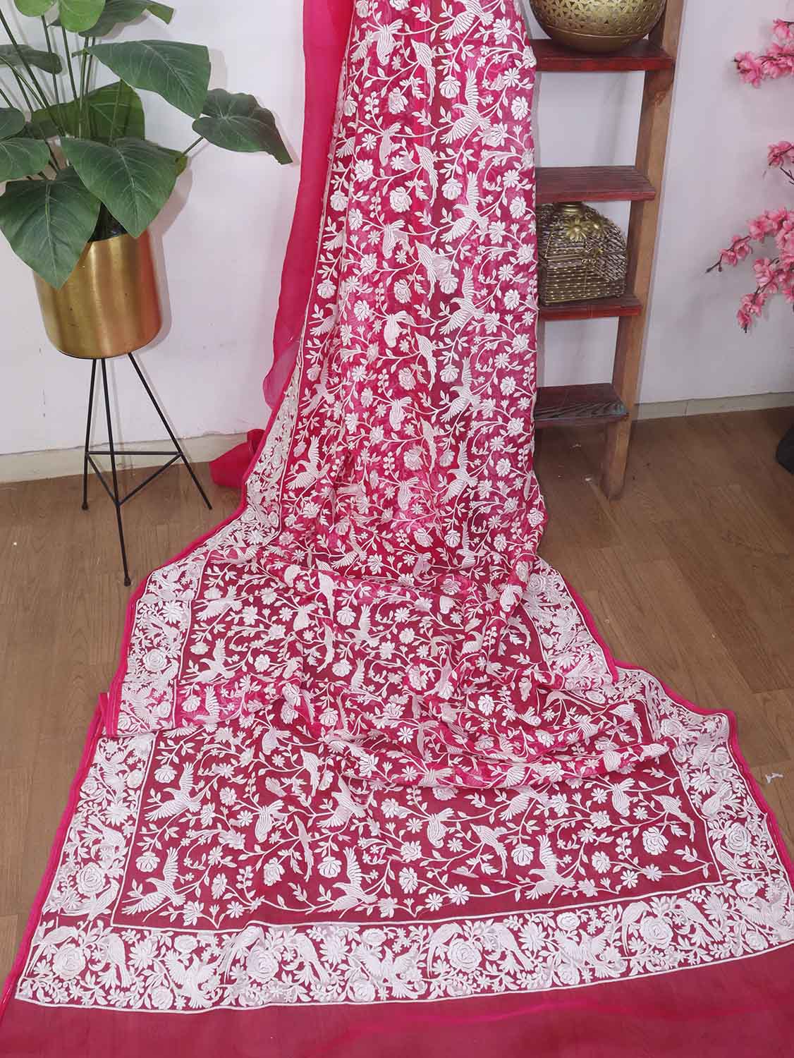 Pink Embroidered Parsi Gara Organza Bird And Floral Design Saree - Luxurion World