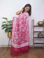 Pink Embroidered Parsi Gara Organza Bird And Floral Design Saree - Luxurion World