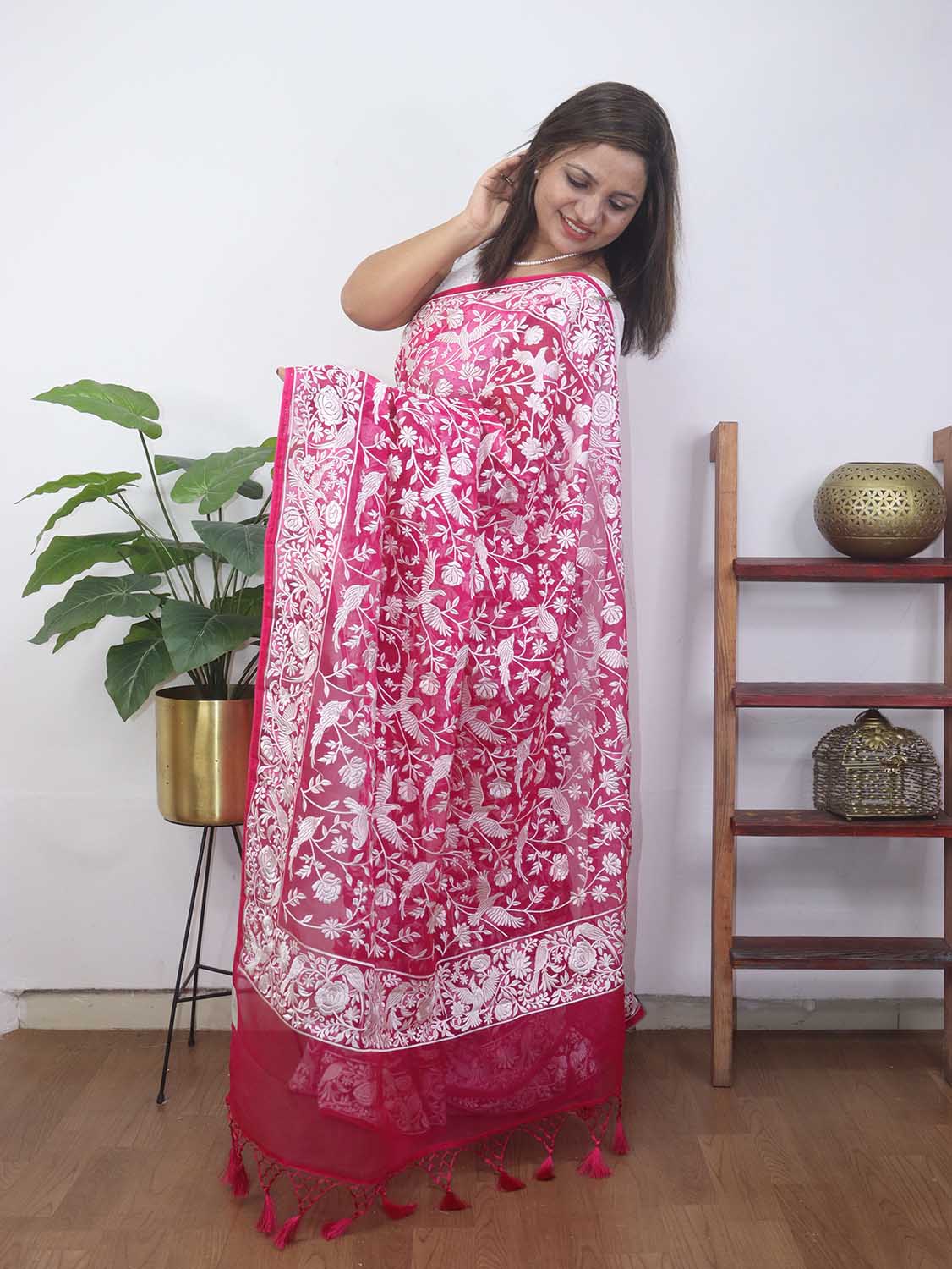Pink Embroidered Parsi Gara Organza Bird And Floral Design Saree - Luxurion World