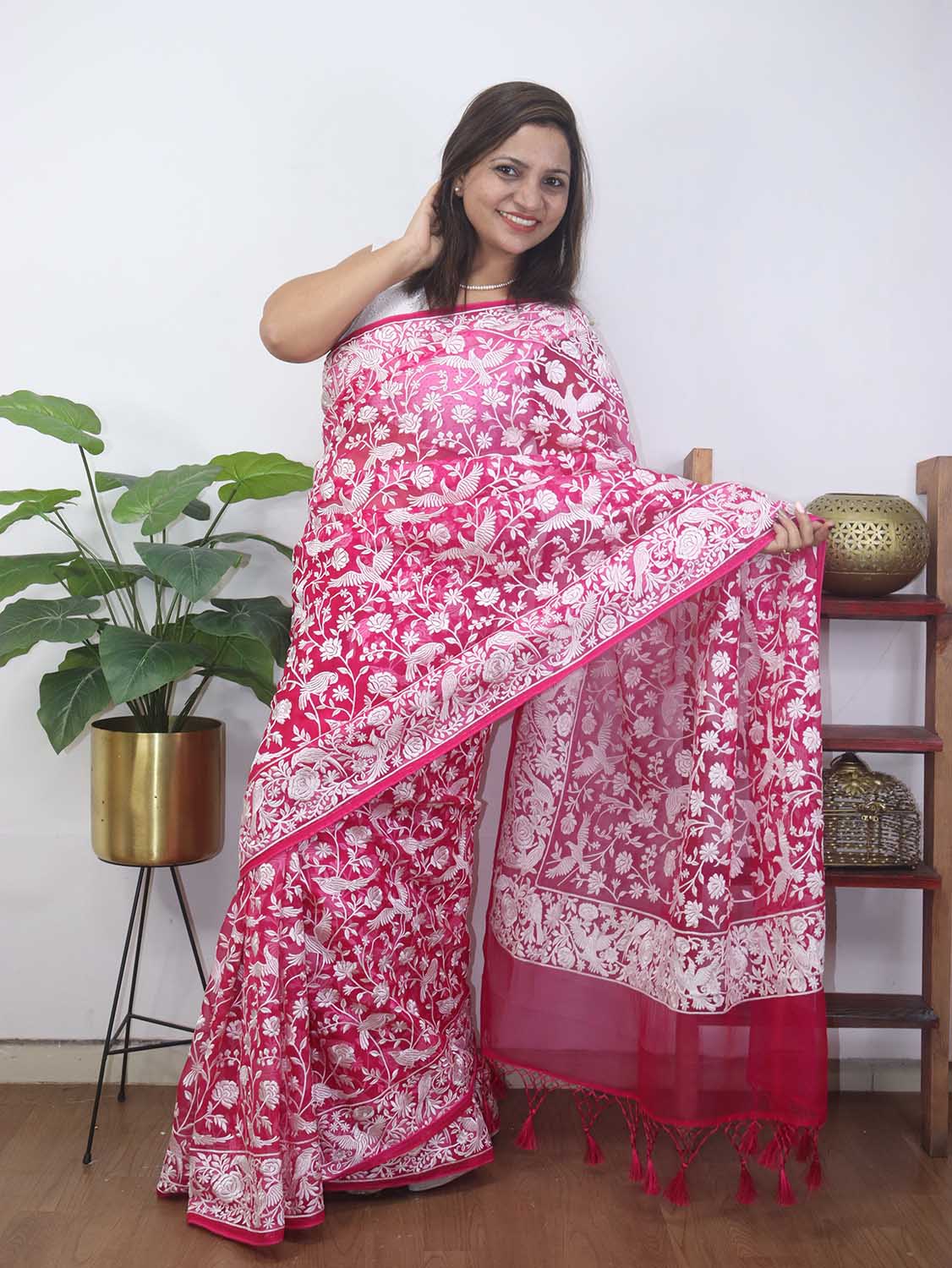 Pink Embroidered Parsi Gara Organza Bird And Floral Design Saree - Luxurion World