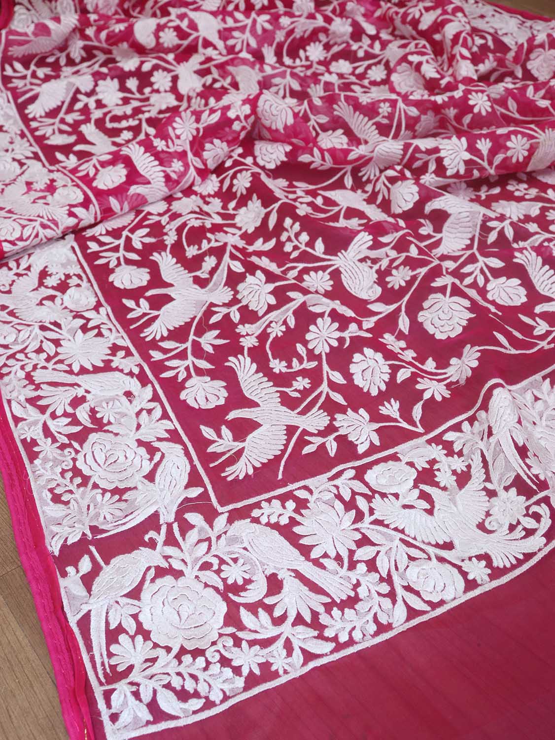 Pink Embroidered Parsi Gara Organza Bird And Floral Design Saree - Luxurion World