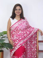 Pink Embroidered Parsi Gara Organza Bird And Floral Design Saree - Luxurion World