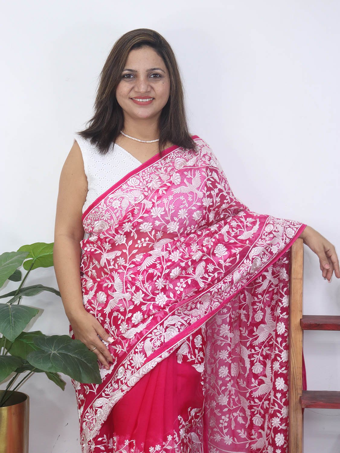 Pink Embroidered Parsi Gara Organza Bird And Floral Design Saree - Luxurion World