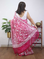 Pink Embroidered Parsi Gara Organza Bird And Floral Design Saree - Luxurion World