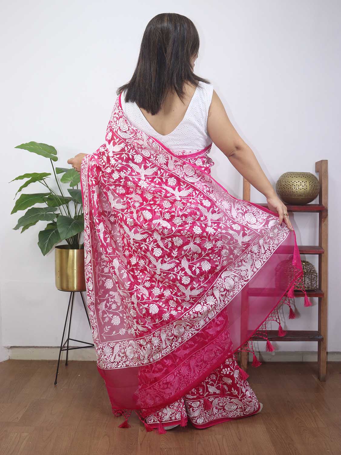 Pink Embroidered Parsi Gara Organza Bird And Floral Design Saree - Luxurion World