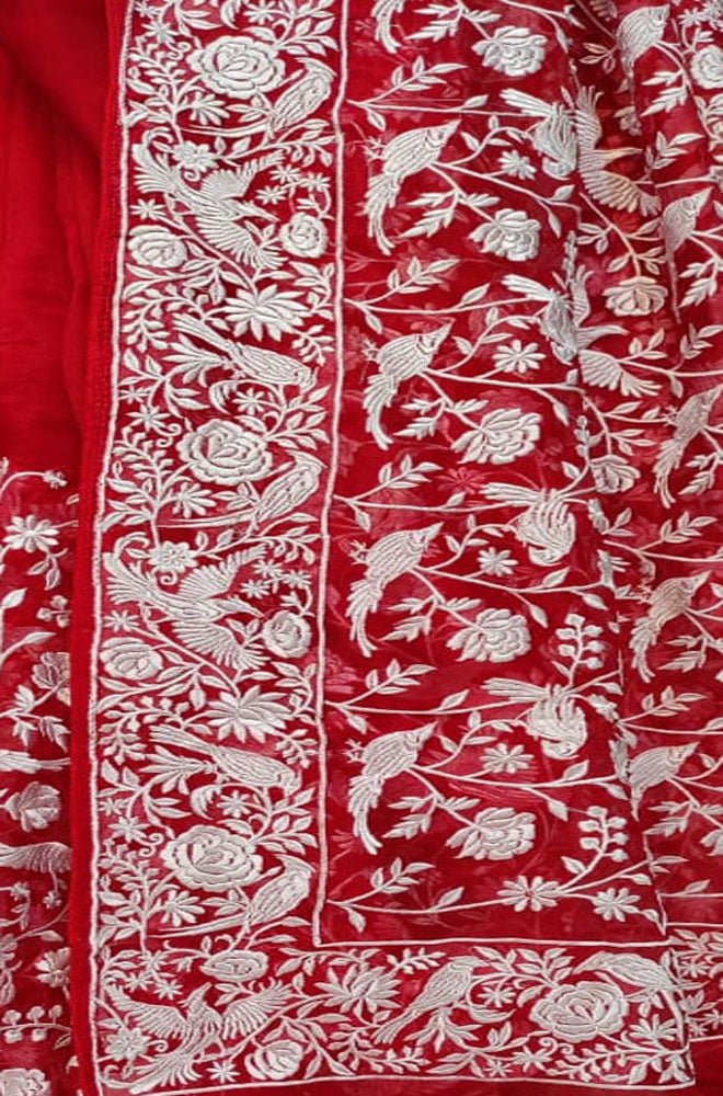 Red Embroidered Parsi Gara Organza Bird And Flower Design Saree Luxurionworld