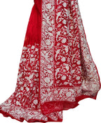 Red Embroidered Parsi Gara Organza Bird And Flower Design Saree - Luxurion World
