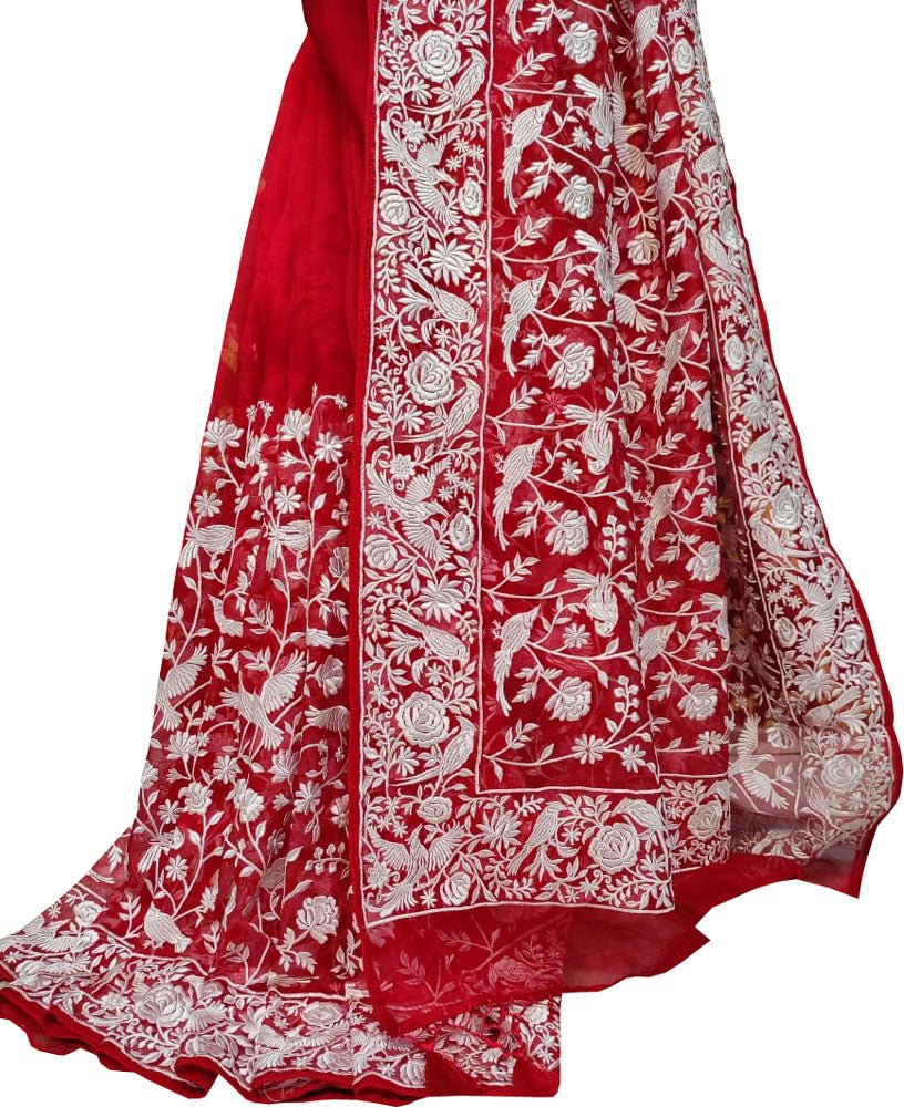 Red Embroidered Parsi Gara Organza Bird And Flower Design Saree - Luxurion World