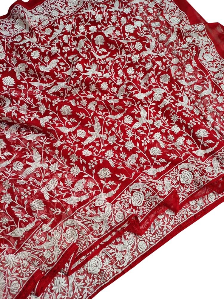 Red Embroidered Parsi Gara Organza Bird And Flower Design Saree - Luxurion World