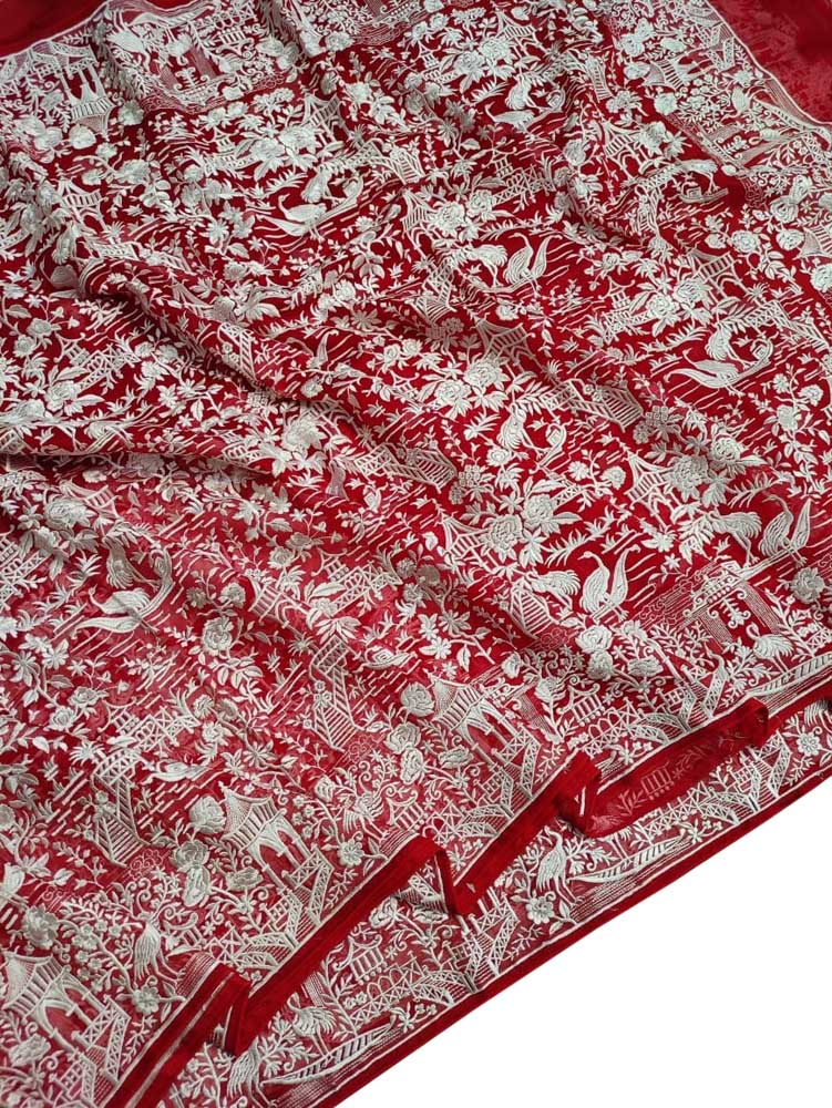 Red Embroidered Parsi Gara Organza Figure Work Saree - Luxurion World