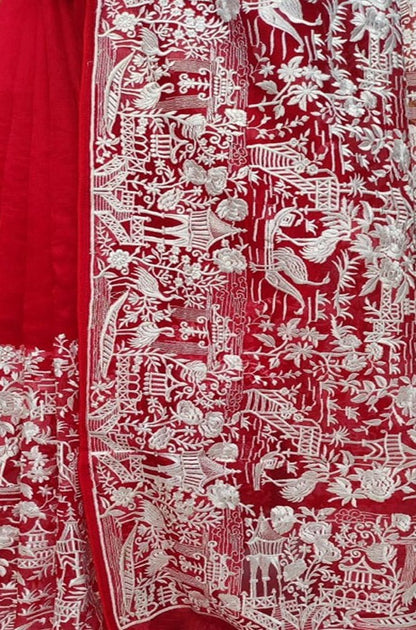 Red Embroidered Parsi Gara Organza Figure Work Saree