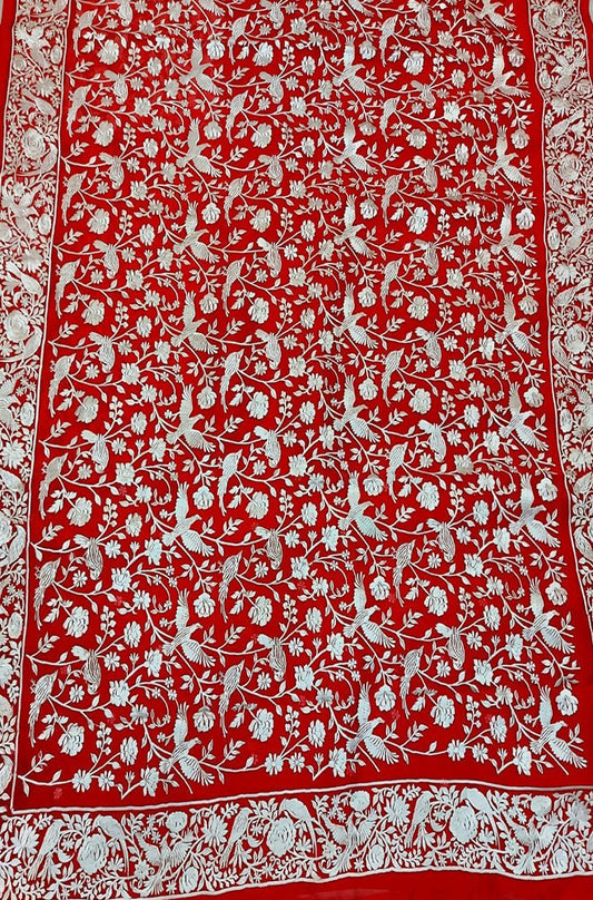 Red Embroidered Parsi Gara Pure Organza Saree - Luxurion World