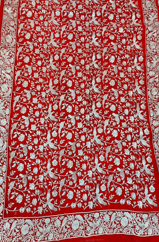 Red Embroidered Parsi Gara Pure Organza Saree - Luxurion World