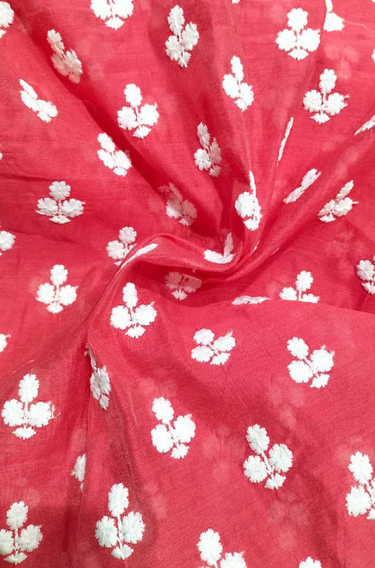Red Embroidered Trendy Chanderi Silk Fabric ( 1 Mtr ) - Luxurion World