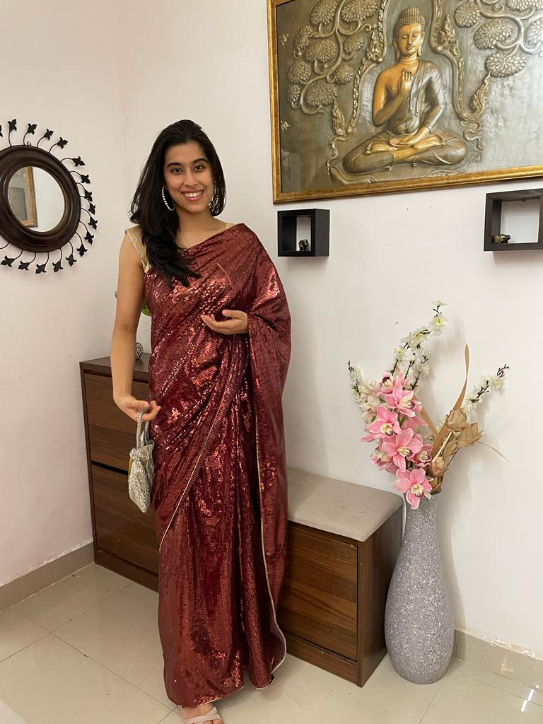Red Embroidered Trendy Net Sequins Work Saree - Luxurion World